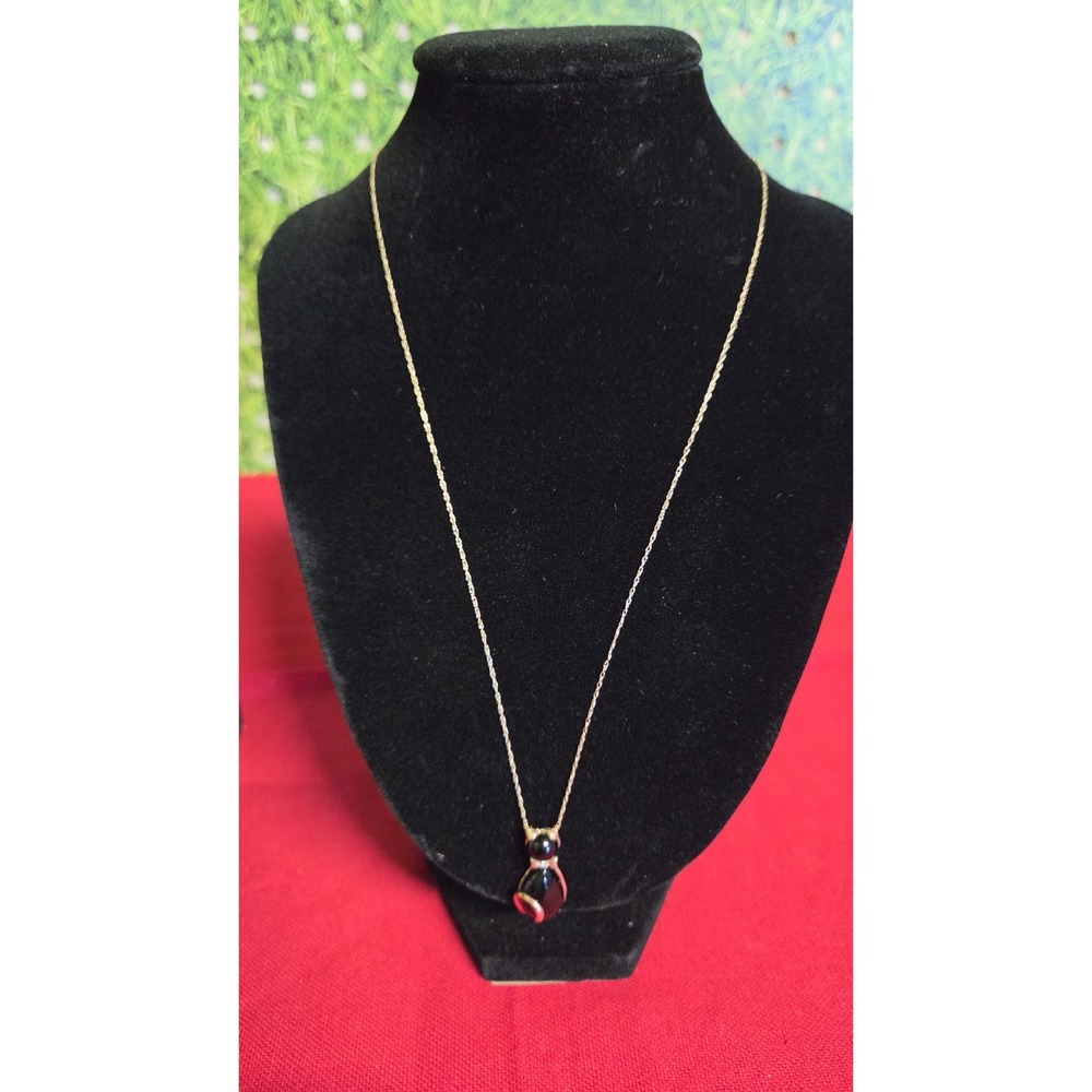 Vintage 14k Gold & Black Onyx Cat Pendant 18" Necklace
